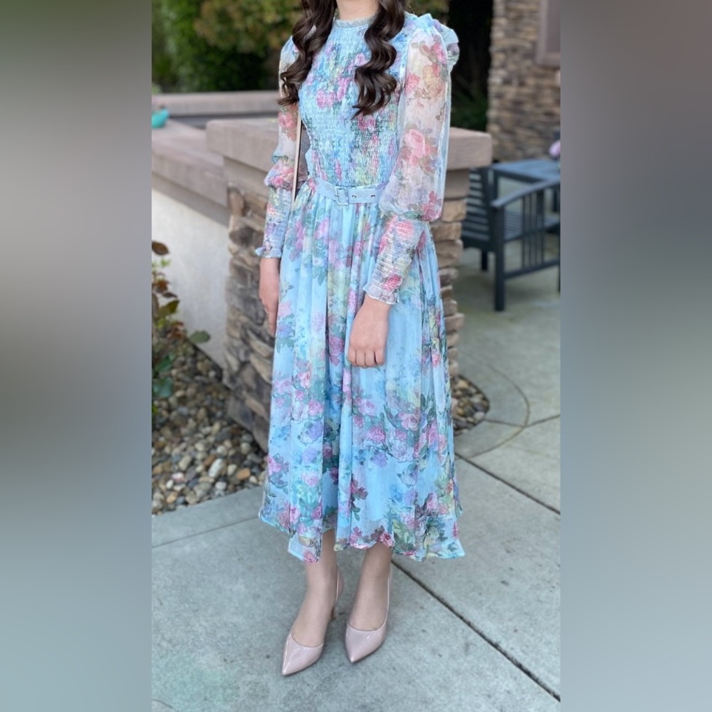 Ivy City Co Floral Blue Midi Dress with Belt